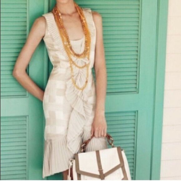 Tory Burch Janetta Ruffle Pleated Silk Tapioca Faux Wrap Dress Women's Size 0 - Picture 12 of 12